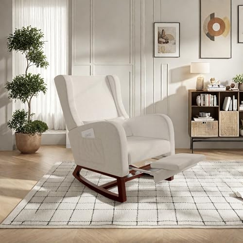 Gungstol med fotstöd, amningsstol, armstol, gungstol, med massiva träfötter, 2 sidofickor - 1 ländkudde (L beige, 67 x 64 x 99)