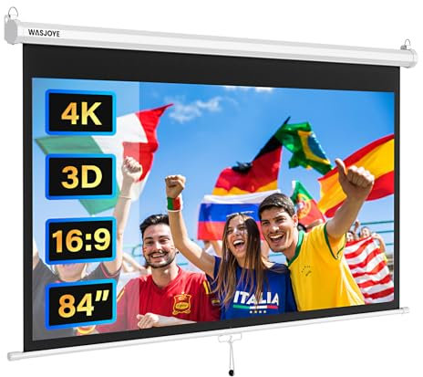WASJOYE Manueller Pull-Down Leinwand Beamer mit Universal 84-Zoll Roll-Down einziehbarer manueller Projektionsschirm mit automatischer Verriegelung, Einstellbarer Bildschirmhöhe, Maskierungsrand