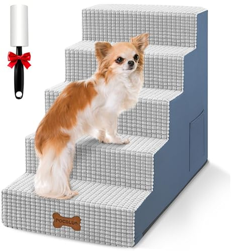 POCBLUE Dog Stairs for Small Dogs and Cats 22 H, 5-Step Pet Step for High Bed or Couch, Non-Slip Balanced Pet Ramp Indoor with High-Density Foam and Washable Cover, Grey