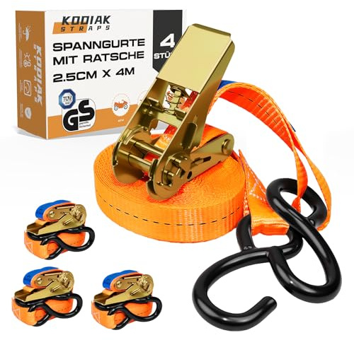 4 Cinghie di Tensione 4m x 800kg con Cricchetto e Ganci a S - Cinghie a Cricchetto da 25mm - Cinghia Arancione per la Sicurezza del Carico - Certificato TÜV/GS e secondo DIN EN 12195-2 - KODIAK STRAPS