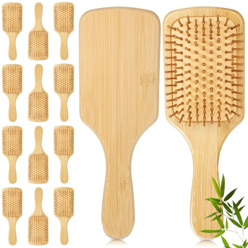 Molain 12 Pcs Bamboo Hair Brush, Bulk Wooden Paddle Brush for Women Round-tipped Bamboo Bristles, Detangling Brushes Lightweight Scalp Massage Anti Static for Women Men (9.84'' × 3.4'')