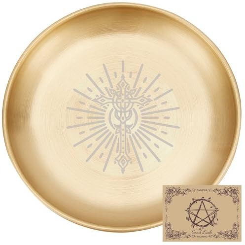 CREATCABIN Cross Offering Bowl Altar Ritual Plate Stainless Steel Golden Crystal Storage Flat Bowl Round Tray Dish Candle Holder Jewelry Dish for Smudging Incense Burner 5.5Inch