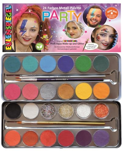 Ugglespegel 224229 – sminkpalett fest, 20 professionella vattenfärgade sminkfärger, 4 x glitter, 3 x penslar, sminkset veganskt, för karneval, festivaler