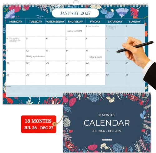 Giftinghouse Calendario da parete 18 mesi da luglio 2026 a dicembre 2027 UK - A4 visualizzazione mensile - Calendario 21 x 31 cm 2026-2027 - Planner da parete con pagine per appunti per ogni mese