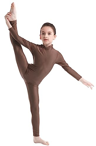 FEESHOW Kids Boys Girls Full Length Bodysuit Unitards Spandex Zentai Costumes Gymnastics Leotard Brown 7-8 Years