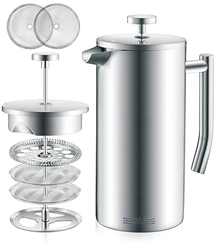 Belwares French Press Coffee Maker 34oz - 304 Stainless Steel Insulated Coffee Press, Double-Wall Heat Resistant Design with 4-Level Filtration System, Rust-Free & Dishwasher Safe (1.5 Liter), Silver