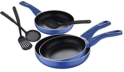 San Ignacio Índigo - Juego de 3 Sartenes de 20, 24 y 28 cm y Utensilios de cocina, Antiadherentes, de Aluminio Prensado con Mango Ergonómico, Sin PFOA