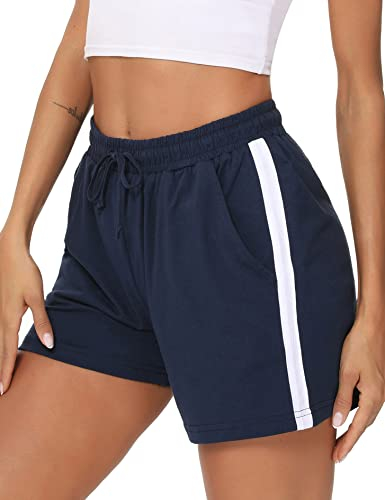 Litherday Shorts Damen Sportshorts Kurz Hosen Streifen Jogginghose Sommer Traininghose mit Taschen Elastischer Bund und Atmungsaktive Shorts zum Fitness, Running, Gym, Basketball, Navy blau, M