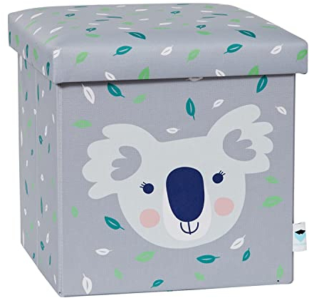 Love IT Store IT Sitzhocker mit Stauraum - Hocker aus Stoff - Verstärkt mit Holz - Belastbar bis 150 kg - Grau mit Koala - 35x35x35 cm