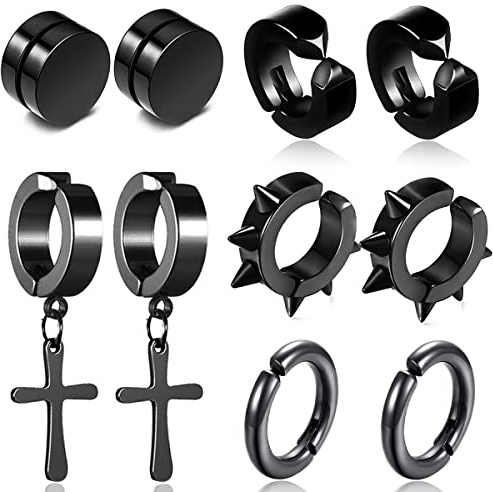 Nicht Durchbohrte Ohrstecker Schwarz, 5 Paar, XiXiRan Edelstahl Clip Ohrringe Schwarz, Creolen Kreuz, Magnetische Ohrstecker, Edelstahl Ohrringe Herren Schwarz Set, Hip Hop Punk Style, Unisex(5 Paare)