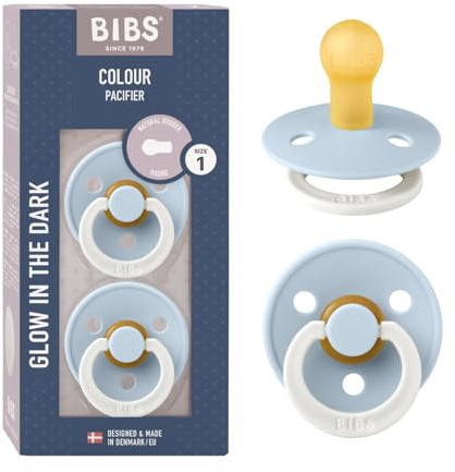 BIBS Colour Night Glow in the Dark Soother 2-Pack, BPA Free Dummy Pacifier, Round Nipple. Natural Rubber Latex, Made in Denmark, Size 1 (0-6 Months), Baby Blue Glow
