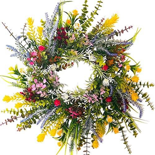 Chiyyak Konstgjord dörrkrans, vårkrans, konstgjord blomkrans, dekorativ väggkrans, hängande dekoration, vår, sommar, bröllopsfest, festival, 40 cm