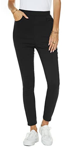 Famulily Womens Casual Stretch High Waist Pull On Smart Trousers Tummy Control Workout Fitness Running Leggings Office Work Skinny Pants Black M
