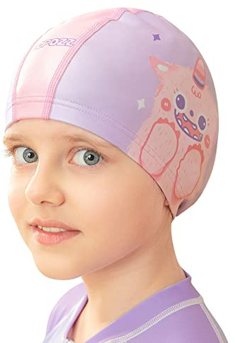 COPOZZ Swim Caps for Girls Boys, Quick Dry Fabric Kids Swimming Cap for Long and Short Hair, Spandex Swim Hats with High Elasticity for Age 5-12 Toddler Child Youth (Pink-Monster)
