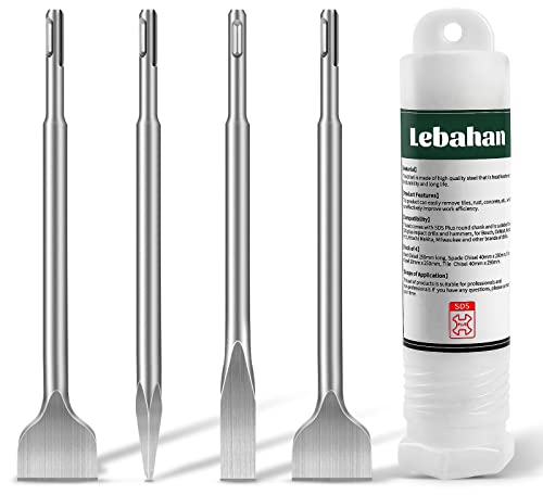 LEBAHAN Cincel SDS Plus, 4 Piezas,1 x Cincel Puntiagudo, 1 x Cincel Plano, 2 x Cinceles para Azulejos, Cincel Profesional para Todos Los Martillos de Impacto y Rotativos SDS Plus