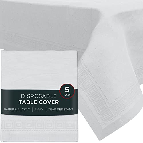 HOUZZKINGZ USA Paper Tablecloths for Rectangle Tables | 54' X 108' 5 Pack | White Disposable Tablecloth | 3-Ply Premium Paper & Plastic Table Cloths for Parties