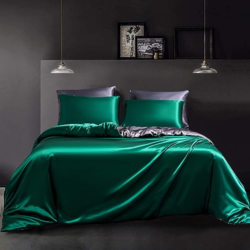 YASMENG Ropa de cama de 200 x 200 cm, color verde, gris oscuro, satén, reversible, elegante, de lujo, 3 piezas, con cremallera y 2 fundas de almohada de 80 x 80 cm