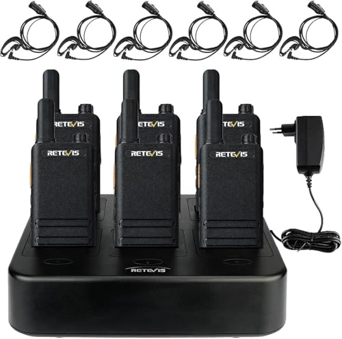 Retevis RT622P Walkie Talkie, PMR laddningsbar walkie-talkie med 6-vägsladdare, 1620mAh, 15 mm ultratunn, VOX, professionell tvåvägsradio med hörlurar för skolan (svart, 3 par)