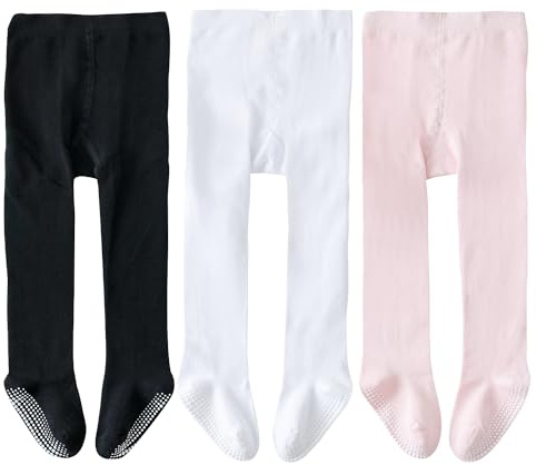 EPEIUS Infant Girl Tights Baby Boy Seamless Non Slip/Skid Grip Leggings Cotton Stockings Footed Pants Solid Plain Tights Pantyhose for 6-12 Months,3 Pair Pack,Black/White/Pink