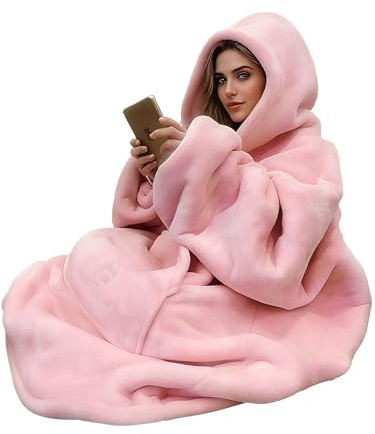 C hello cloud Oversized Hoodie Blanket, Wearable Blanket sweatshirt, Ultra Soft Sherpa Fleece Comfy Snuggle Hoodie, Gaint Fluffy Jumper Reversible, One Size Fits All Women Adults Men (Pink)