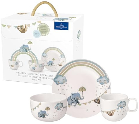 Villeroy & Boch – Boho Kids Walk like an elephant Kindergeschirr-Set 3 teilig Blau, Spülmaschinenfest, Mikrowellensicher, Geschirr Set Kinder, Tiermotiv Elefant und Faultier, Premium Porzellan