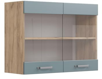 Vicco Küchenglasschrank R-Line, Glashängeschrank, Blau-Grau/Goldkraft Eiche, 80 cm
