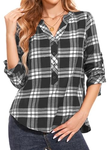 SIMIYA Bluse Damen Kariertes Elegant 3/4 Ärmel V-Ausschnitt Hemdbluse Oberteile Tunika Damenblusen Lässiges Button-Down Hemd Damen Lose Langarmshirt Oberteile Tops, Größe S-3XL（Schwarz,M）