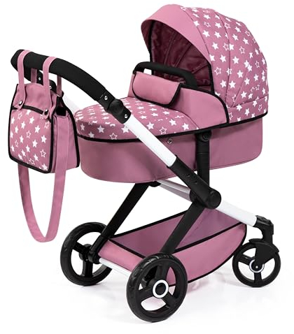 Bayer Baby Dolls Pram XEO - Convertible Doll Pushchair, Carrycot & Changing Bag - Stroller with Adjustable Handle Height for Girls, Tall Dolls Pram for 6+, 3-5 Year Olds - Pink, White Stars