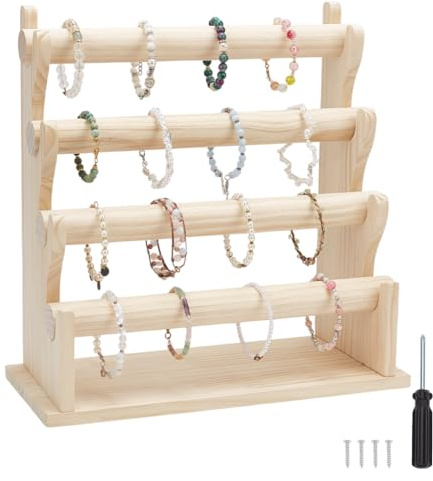 FINGERINSPIRE Soporte de madera de 4 niveles para pulseras, pulseras, collares, accesorios de joyería, soporte de exhibición, pulsera, reloj, collar, almacenamiento para joyas