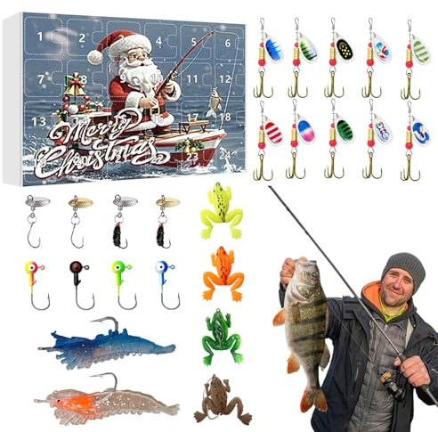 Calendario dell'Avvento da pesca, 2024, adulti, uomini, adolescenti, ragazzi, pesca, calendario dell'Avvento per acqua dolce salata, plastica morbida per padre amico Granpa AA Klz556 (blu, 26,5 x 18,5