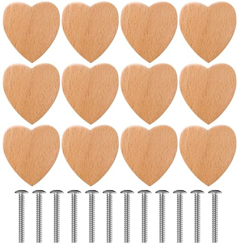 WIYETY 12 stycken hjärtformade knoppar för skåp, trä skåpknappar, möbelhandtag trä, träknappar för byråer, träknoppar skåpknopp, möbelknappar för lådor, möbler (hjärtform)