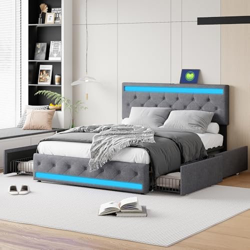 BHFFTHK Cama tapizada de 140 x 200 cm, cama doble LED con 4 cajones, respaldo con espacio de almacenamiento y somier de láminas de madera, cabecero USB ajustable, cama juvenil, cama de almacenamiento