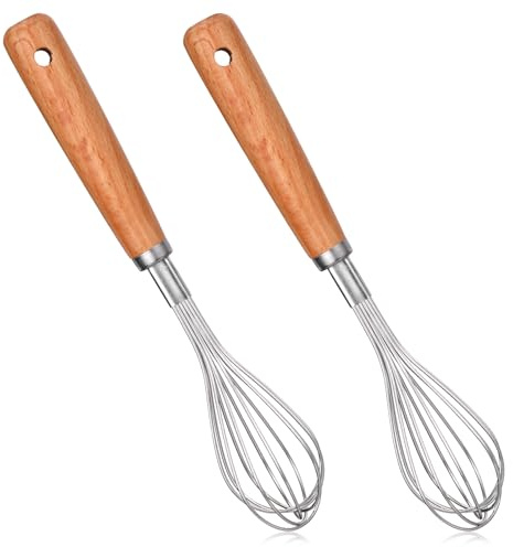2 batidores de acero inoxidable con mango de madera, herramienta Wisking de acero inoxidable, batidor de mano de cocina, batidor de globos antiadherente para agitar, batir, batir, mezclar, huevo, masa