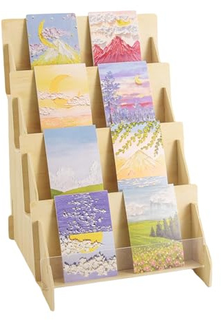 FY&XZH Greeting Card Display Stand, 4 Tier Wooden Display Stand, White Brochure Holder Stand, Postcard Display Stands for Birthday Card, Bookmarks, Markets, Craft Trade Shows (1, Wood)
