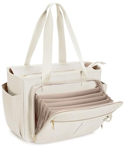 Prokva Tragetasche für Lehrer mit Akkordeon-Aktenfach, große Arbeitstasche für Lehrerinnen für Frauen, Beige (Patentdesign)