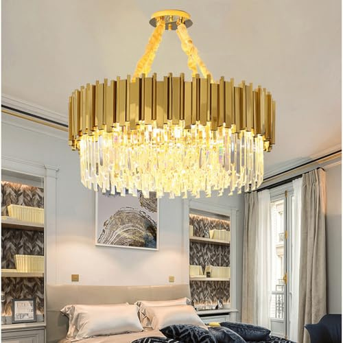 Modern Gulddekorerad Kristallkrona, Cirkulär Kristallkrona, Lyxig Kristallkrona Inbäddad Taklampa Led Guld Rostfritt Stål Hängande Kedja Justerbar, Trefärgad Ljuskälla(Size:55CM)