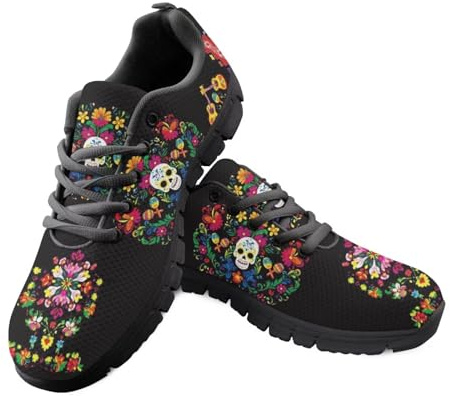 Pynewomyt Traditional Fiesta Flower Skull Print Shoes for Women Running Walking Shoes Fashion Sneakers with Anti Skid Sole Slip On Running Sneakers Sports Footwear