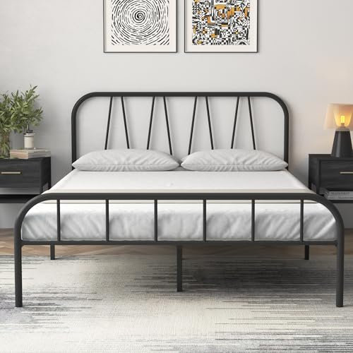 Yocreat Double Bed Frame, Solid Metal Bed Frame, Modern Platform Bed with High Headboard & Footboard, Ample Underbed Storage, Easy Assembly, Black(135x190)