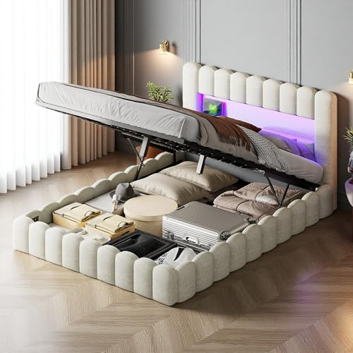 YGHQAP Polsterbett Bubble Bett 140x200cm, Doppelbett mit LED und USB-Ladefunktion, Hydraulisch Stauraumbett mit Eicher Rückenlehne, Jugendbett, Leinen, Beige