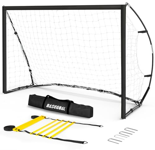 Rrande But de Football, 243x152cm Cage de Foot Extérieur, But de Foot pour Jardin A Vec Sac de Transport Pratique et échelle d'agilités, Portable Filet de Football Portable pour Tous Les Âges