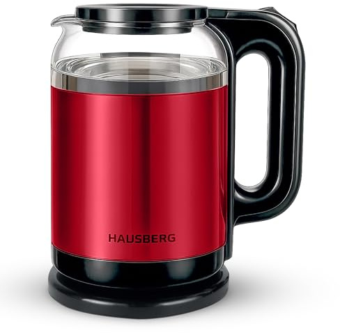 Hausberg Wasserkocher 2L – Edelstahl & Glas – 1800W, Kabellos, mit LED-Beleuchtung – Automatische Abschaltung & Trockengehschutz (Rot)