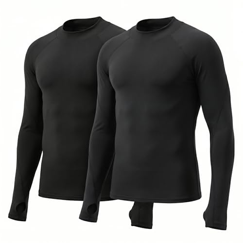 YUSHOW Pack of 2 Men's Thermal Shirt Long Sleeve Winter Functional Underwear Thermal Undershirt with Half Turtleneck Thumbhole Thermal Underwear Warm Top Underwear Men, Black (pack of 2), L