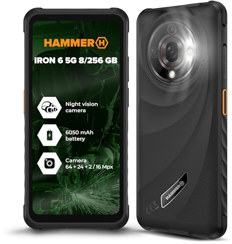 HAMMER Iron 6 5G 16GB/256GB Rugged Smartphone, 6050mAh Battery, 64MP Night Vision Camera, 6.56 120Hz Display, Android 15, 18W Fast Charge, IP69 Waterproof, Dual SIM, NFC
