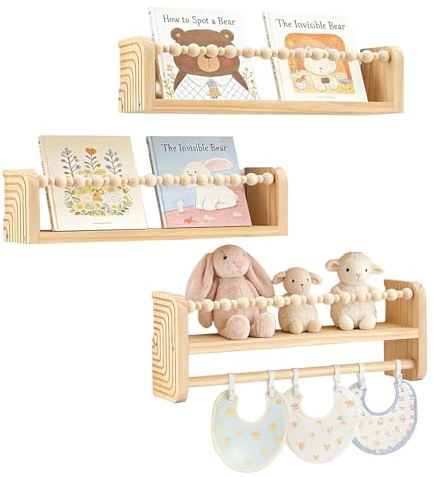 Estantería de Pared de Madera Juego de 3, 40 cm Librería Infantil para decoración de Pared y Almacenamiento Libros y Juguetes, Baldas Flotantes para habitación infantil salón dormitorio cocina