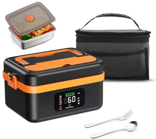 Fiambrera Electrica, 1L Inteligente Taper Electrico para Comida con Pantalla Táctil, Fiambrera Termica Portátil con Vajilla de Acero Inoxidable y Bolsa Aislante, Lonchera Termica para Coche, Oficina