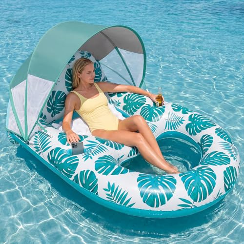 Cheffery Materassino Gonfiabile Abbronzante, Inflatable Tanning Pool con Parasole Rimovibile Piscina Doppio Grande Adulti con Portabevande e Schienale per Piscina Estiva in Spiaggia (Verde)