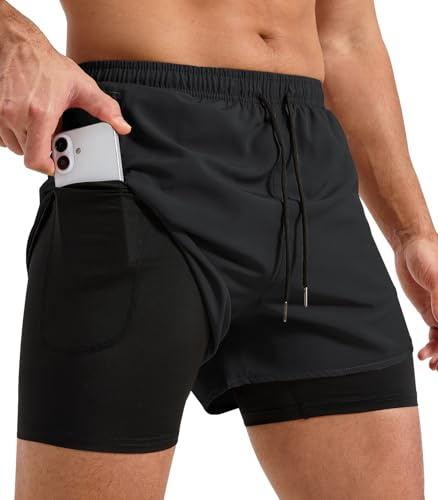 Curluriy Homme Shorts de Course 2 en 1 Running Short avec Poches Zippées