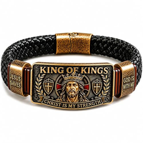 King of Kings Faith Bracelet Adjustable Christian Wristband Gift, Christ Is My Strength The Daily Reminder Bracelet for Men of Faith, Religious Gift for Men, Dad, Husband, Pastor, Veteran (1PCS)