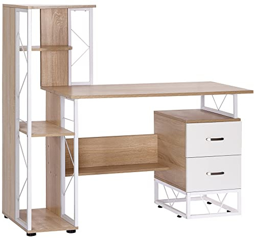 HOMCOM Computer Desk with Drawers and Bookshelf, Writing Desk for Home Office with Storage Shelves, Study Workstation, Oak