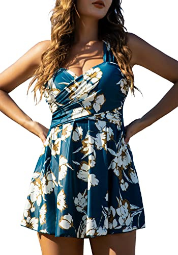 COCOPEAR Women Elegant Crossover One Piece Swimdress Floral Skirted Swimsuit ,Teal Floral,3XL/16-18